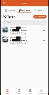The BLC field agent app on a phone: tabs for created, PO Terbit and Siap Cair, a searchable list of the agent's own leads with vehicle photos and status, and a bottom bar reaching leads, CKD, CKB and achievement.